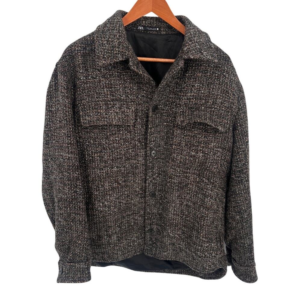 ZARA Men's Classic Woven Textured Wool-Blend Button-Up Overshirt Jacket.// L